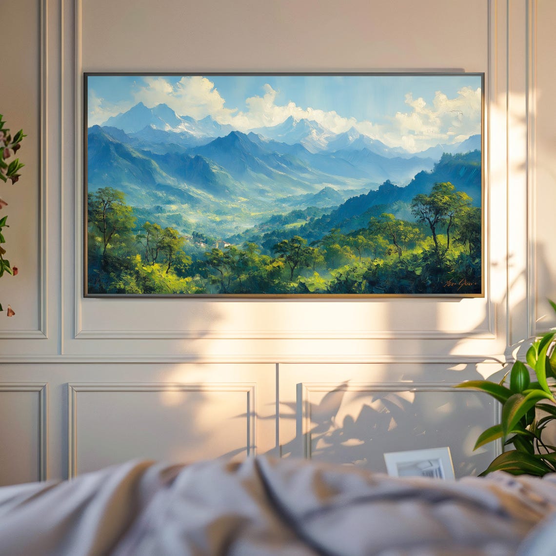 Green Mountain Valley Blue Peaks Lush Forest Scenic Painting Wall Art - Image 6