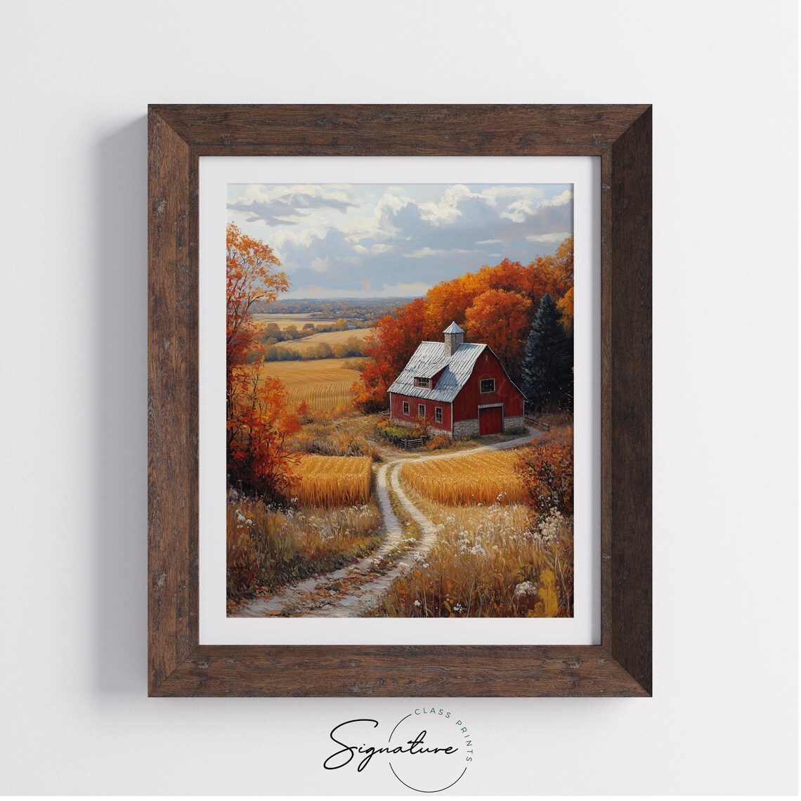 Red Barn Autumn Landscape With Golden Wheat Fields and Winding Path Wall Art - Image 4