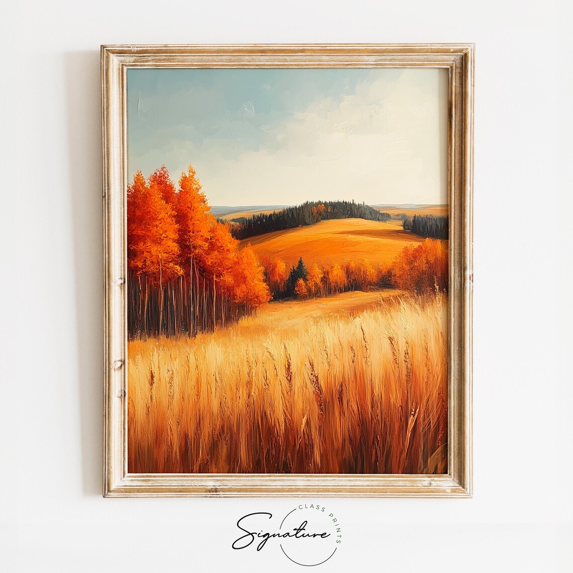 Autumn Meadow Golden Grass Fiery Trees Distant Pine Line Poster