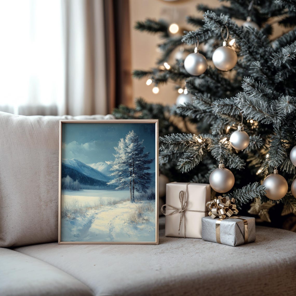 Moonlit Frosty Meadow With Snowy Tree And Mountain View Poster - Image 5