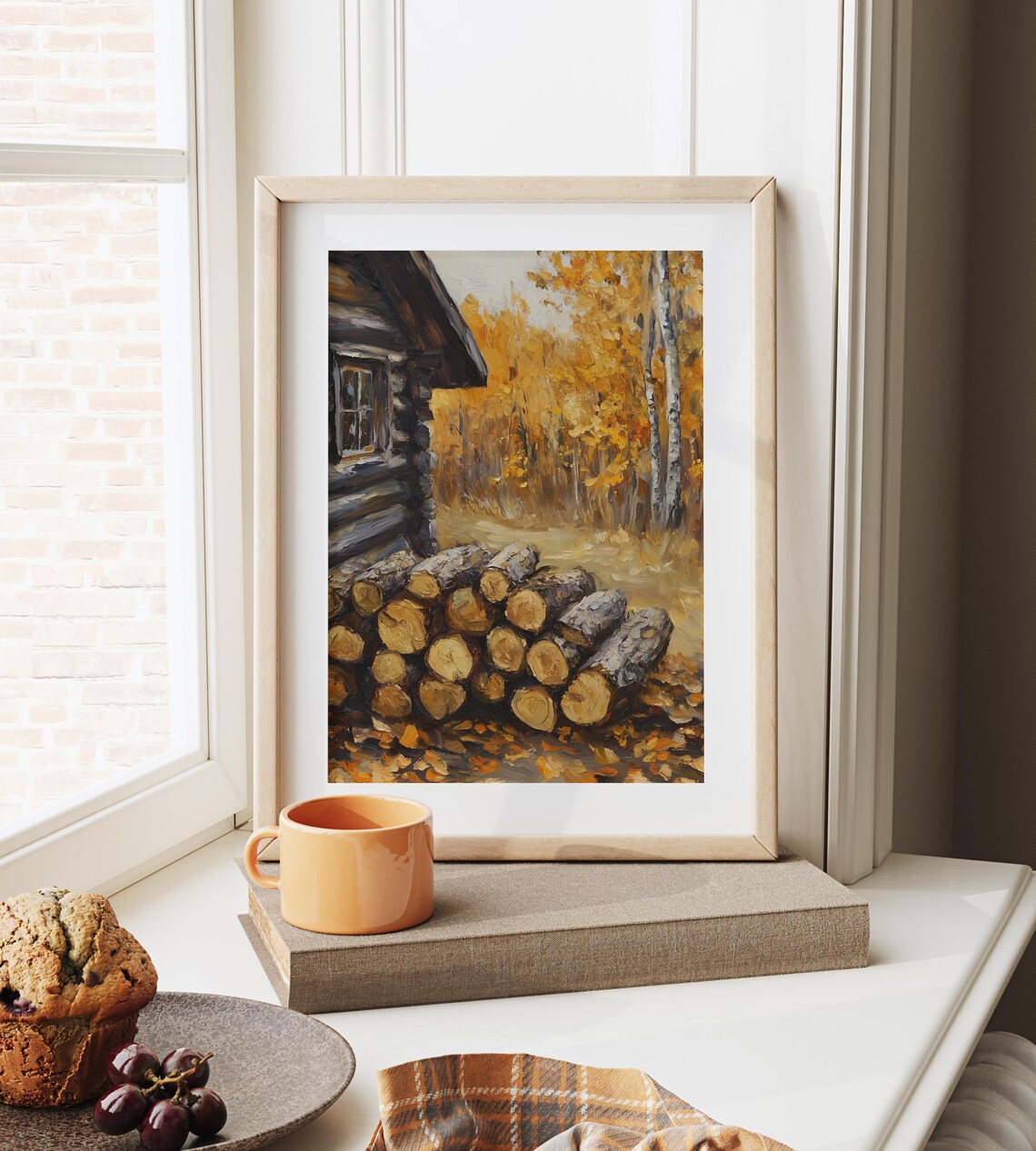 Stacked Firewood Log Cabin Golden Birch Trees Autumn Scene Poster - Image 6