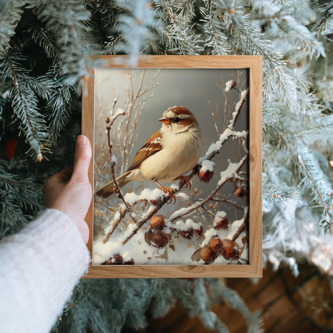 Tree Sparrow on Snowy Branch With Winter Berries Holiday Bird Poster - Image 6