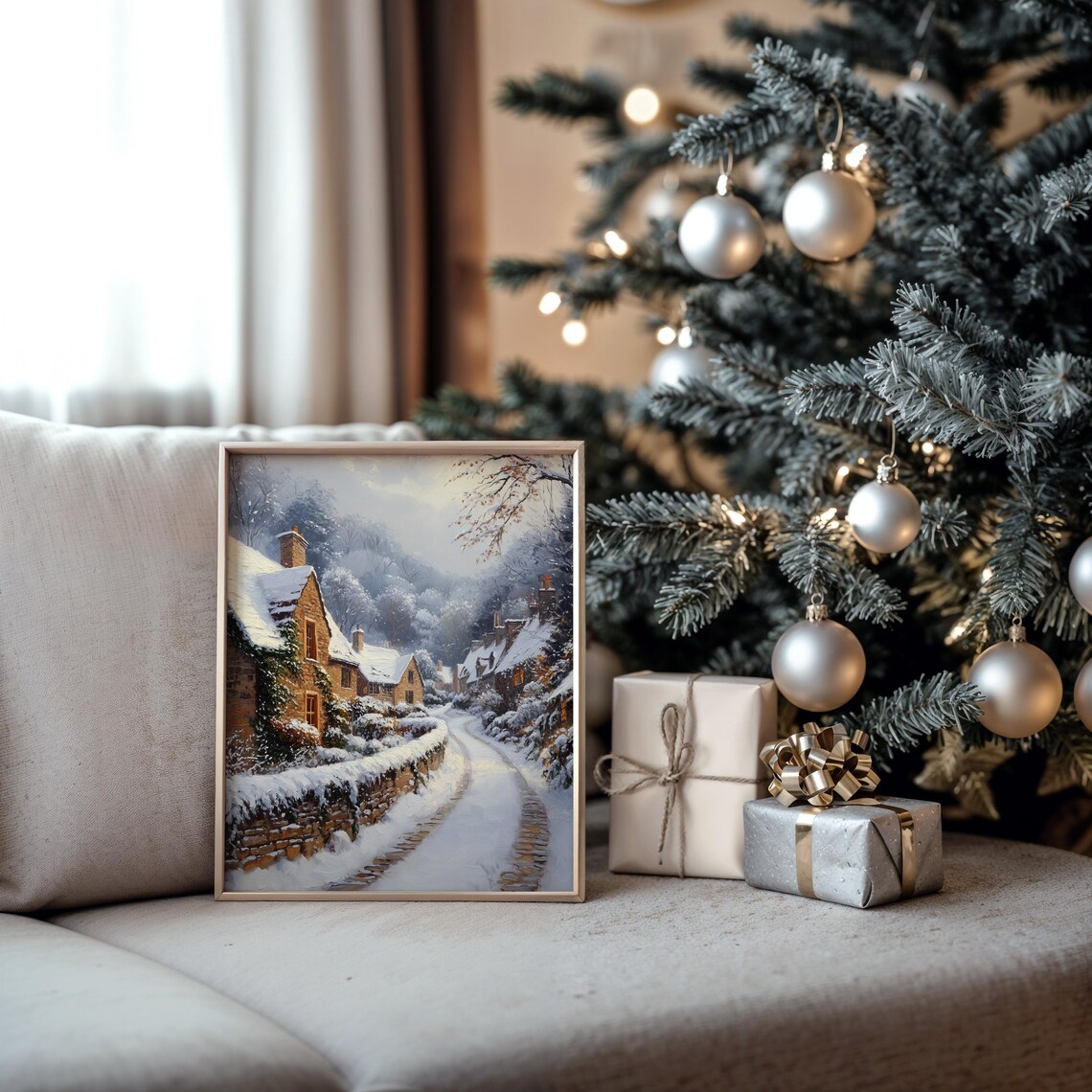 Snowy Village Street with Stone Cottages and Chimneys Poster - Image 5