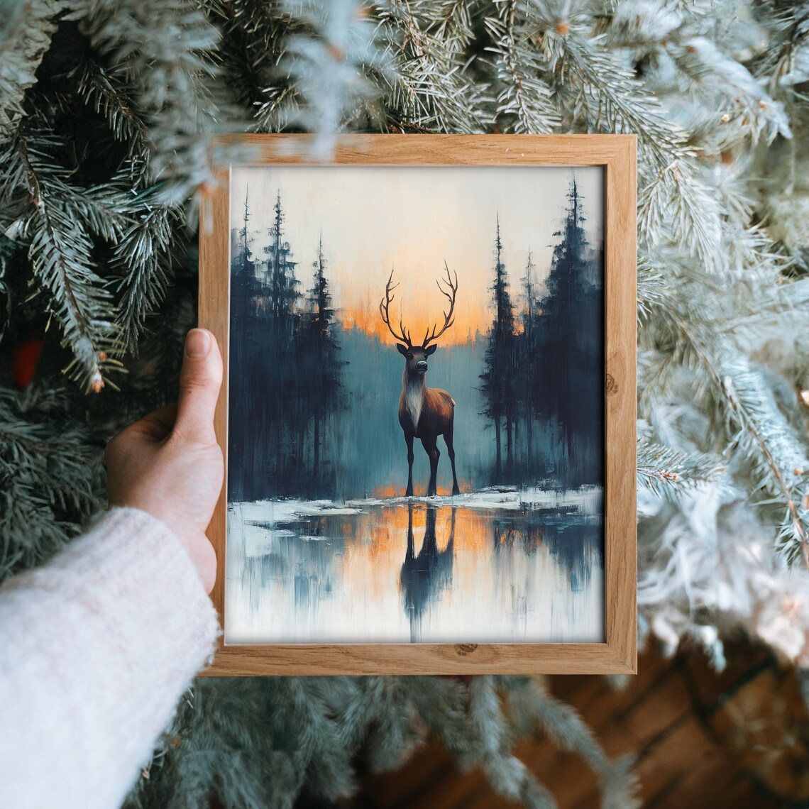 Reindeer Standing in Water at Sunset Wildlife Oil Painting Print - Image 6