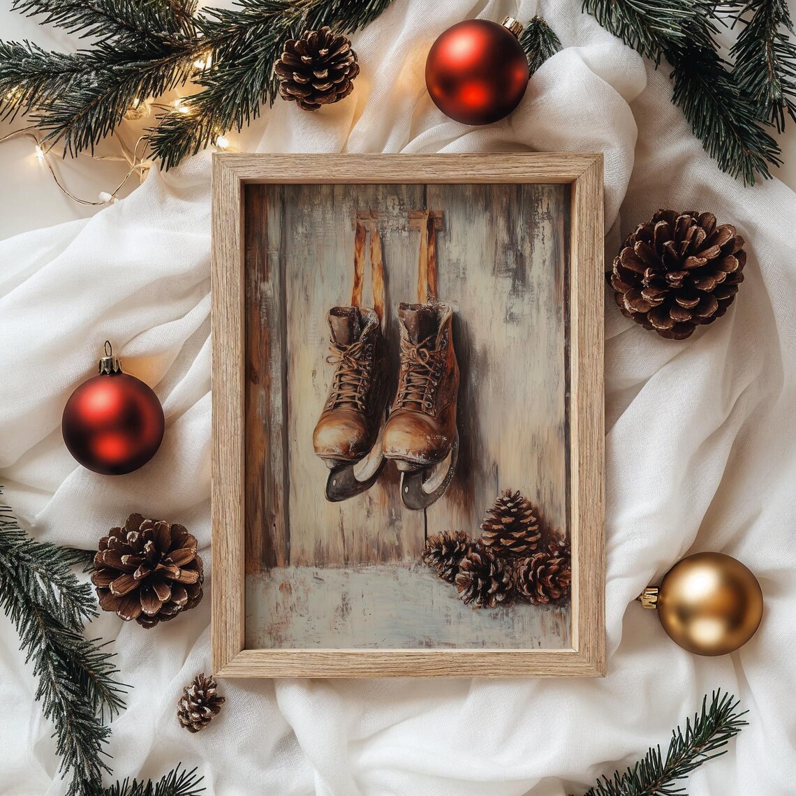 Pair of Vintage Ice Skates on Rustic Wood Winter Oil Painting Print - Image 4