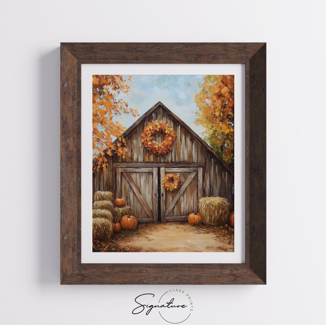 Rustic Barn Fall Wreath Pumpkins Hay Bales Farmhouse Art Poster - Image 4