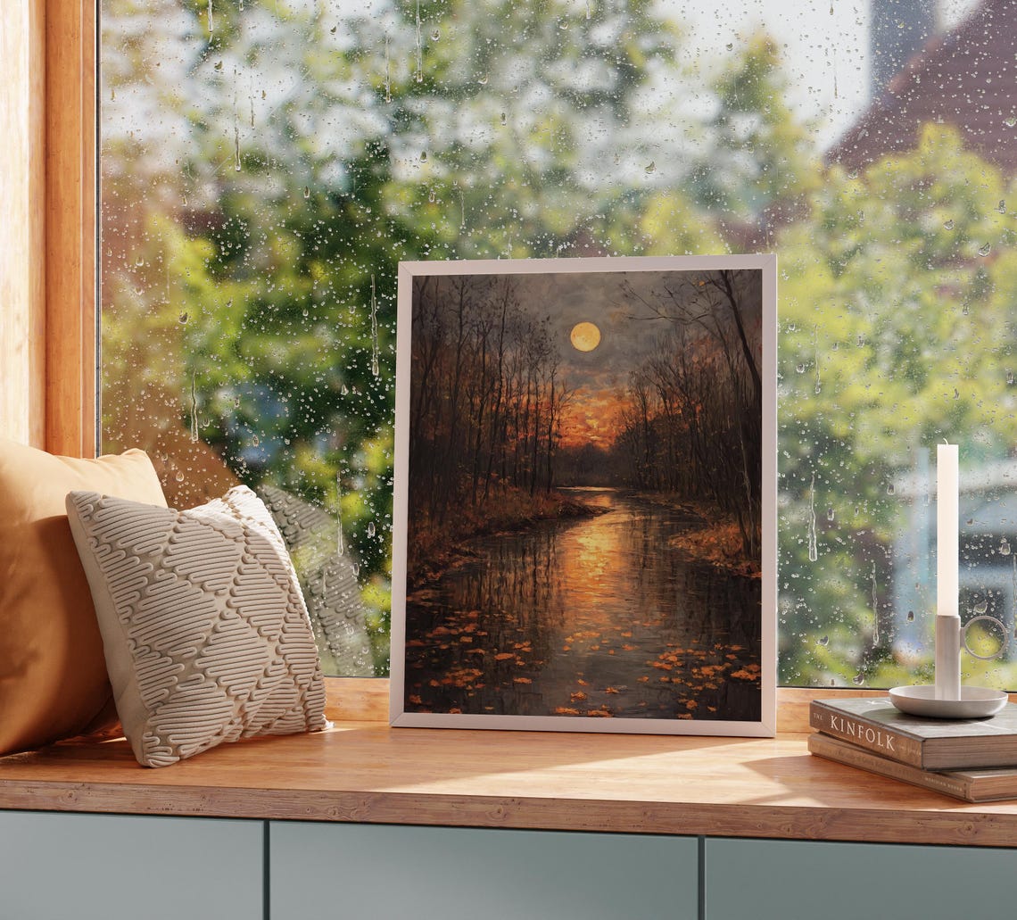 Winding River With Full Moon Print Moody Autumn Nightscape Fall Reflection Wall Art Rustic Cottagecore Decor 1393 - Image 2