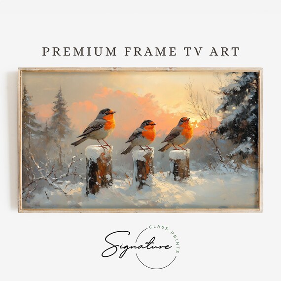 Winter Robins Snowy Branch Tv Art Bird Art Frame Tv Art Moody Nature Painting Deep Colors Rustic Wall Decor 3404