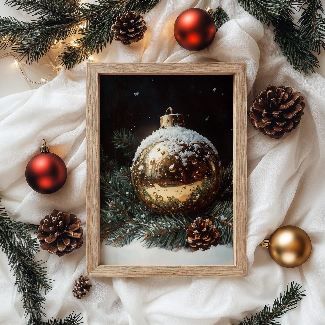 Snow Dusted Gold Ornament On Pine Boughs Vintage Holiday Poster - Image 2