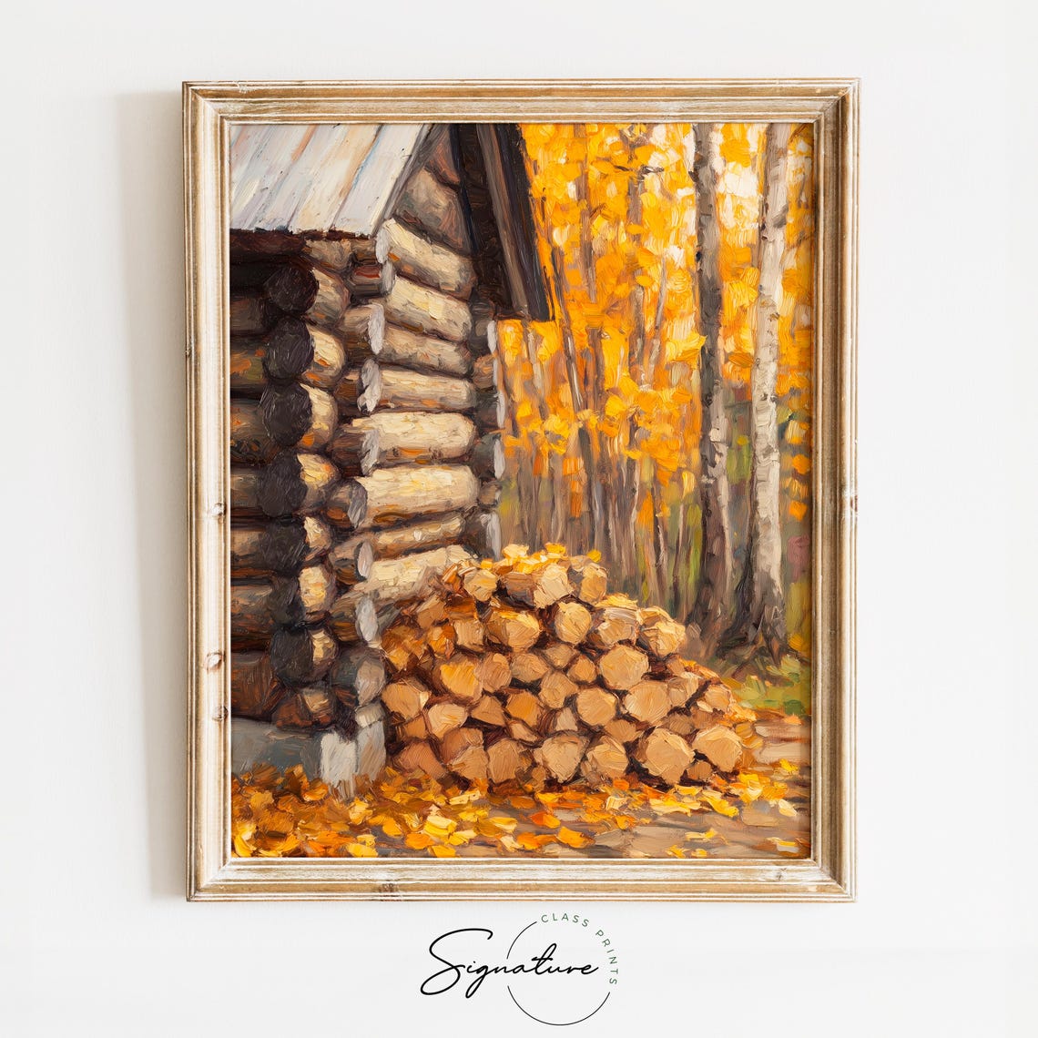 Log Cabin Firewood Pile Golden Birch Trees Autumn Woods Poster