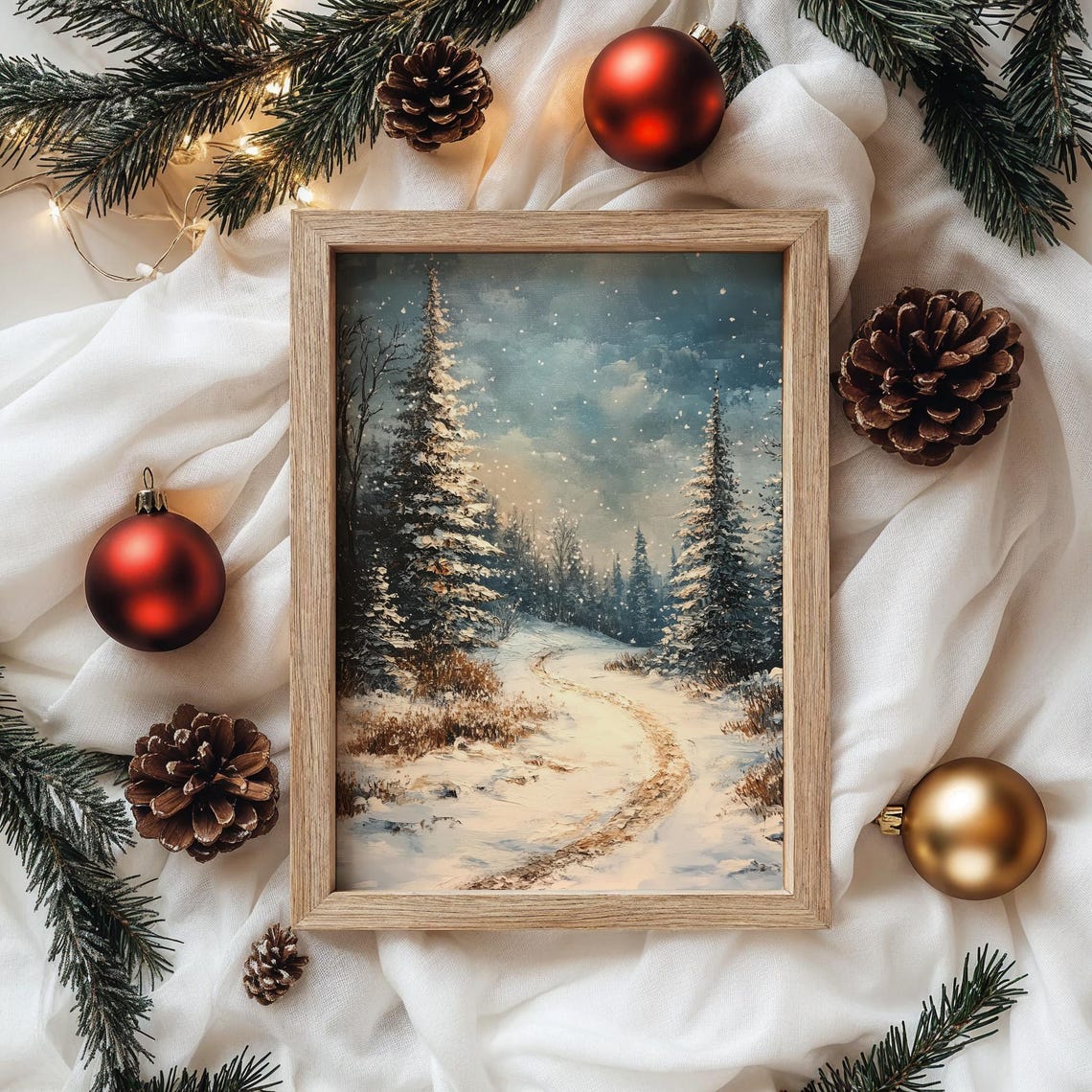 Starry Winter Night Snowy Forest Path Between Fir Trees Poster - Image 5