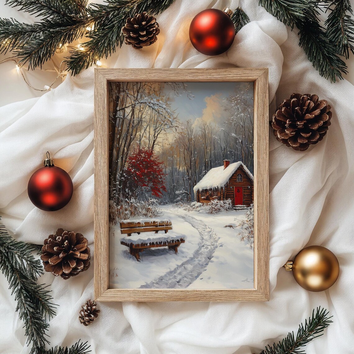 Red Log Cabin in Snowy Woods with Wooden Bench Winter Scene Poster - Image 4