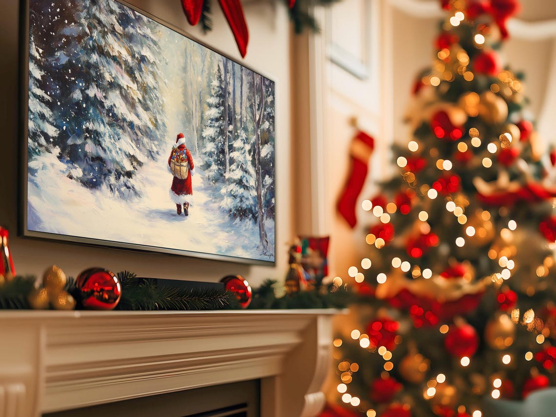 Santa Walking Through Snowy Forest With Gift Sack Winter Scene Poster - Image 5