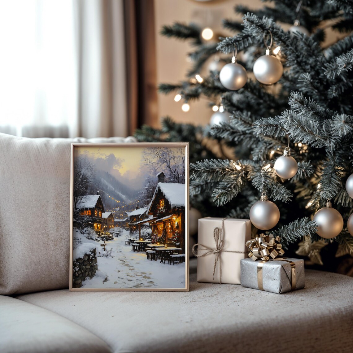 Magical Snowy Village Square With Outdoor Cafe Lights Winter Poster - Image 5