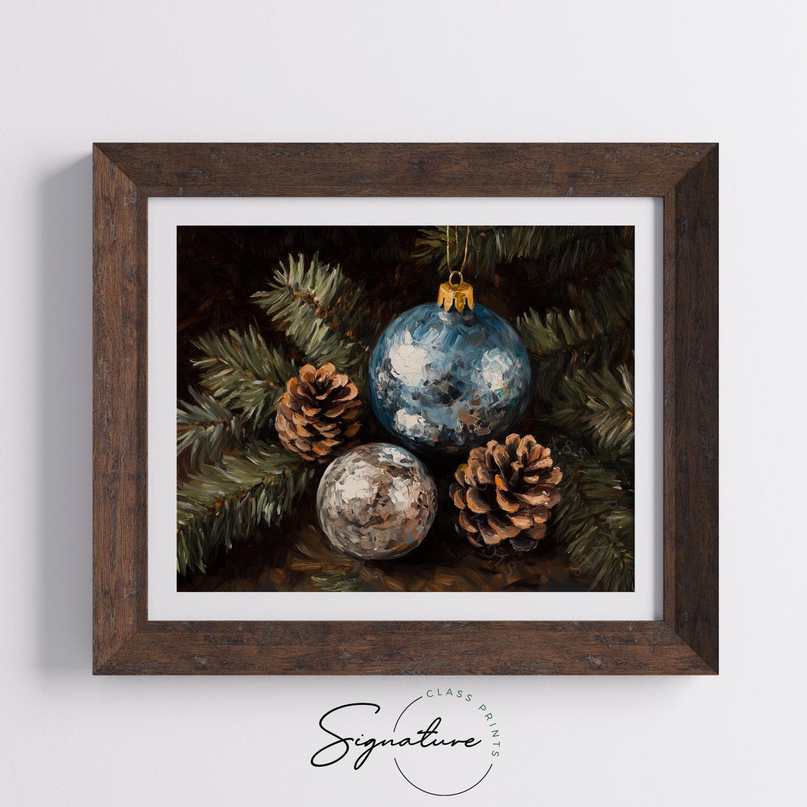 Blue And Silver Christmas Ornaments With Pinecones On Pine Poster - Image 5