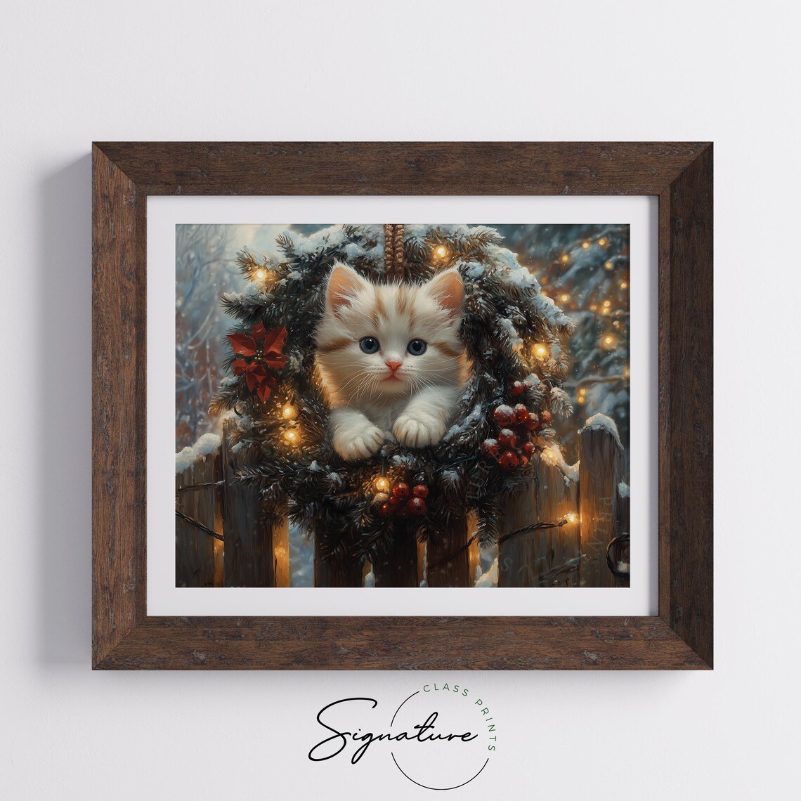 White Kitten Nestled in a Lit Christmas Wreath on Wooden Fence Poster - Image 5