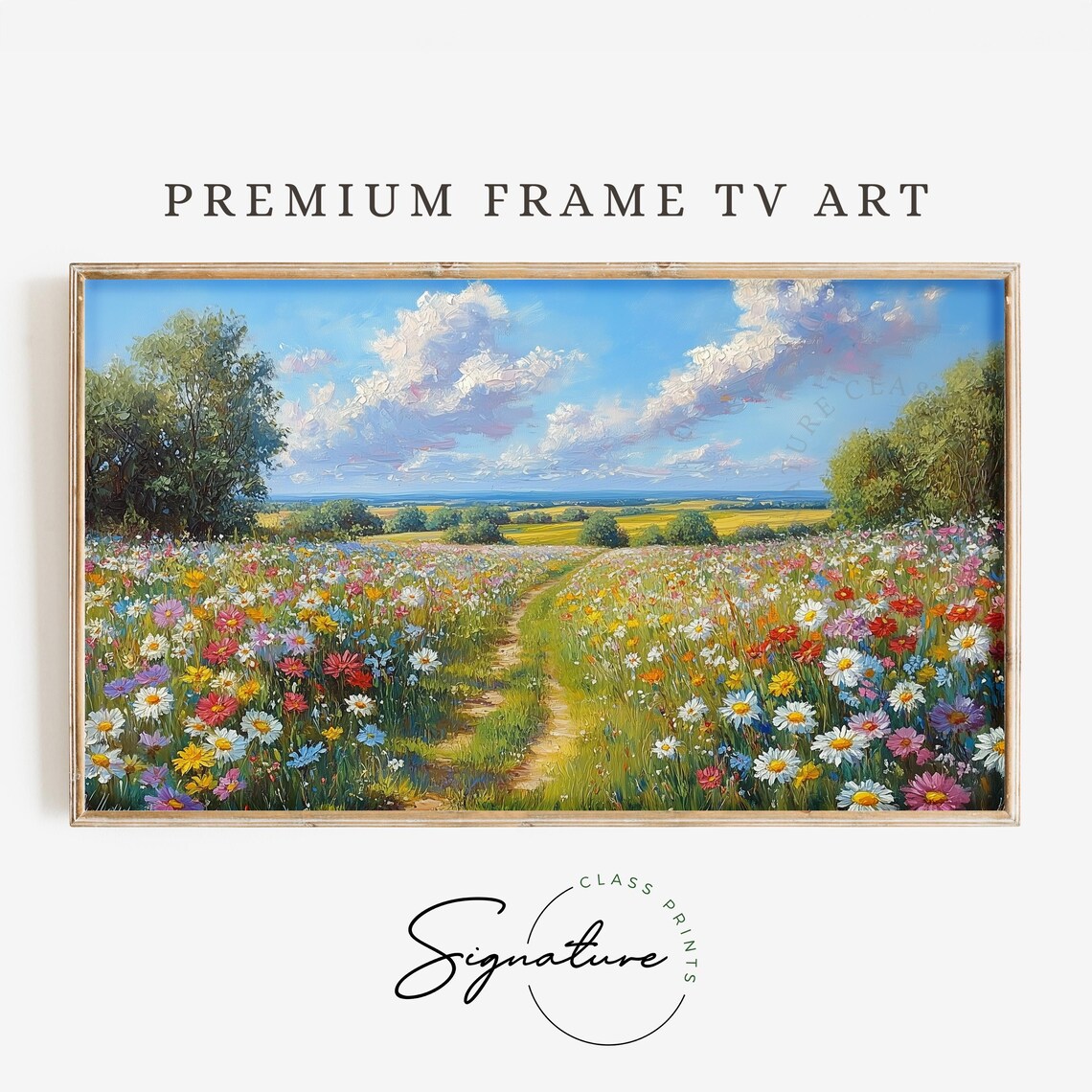 Wildflower Field Path Winding Through Sunny Countryside Frame TV Wall Art