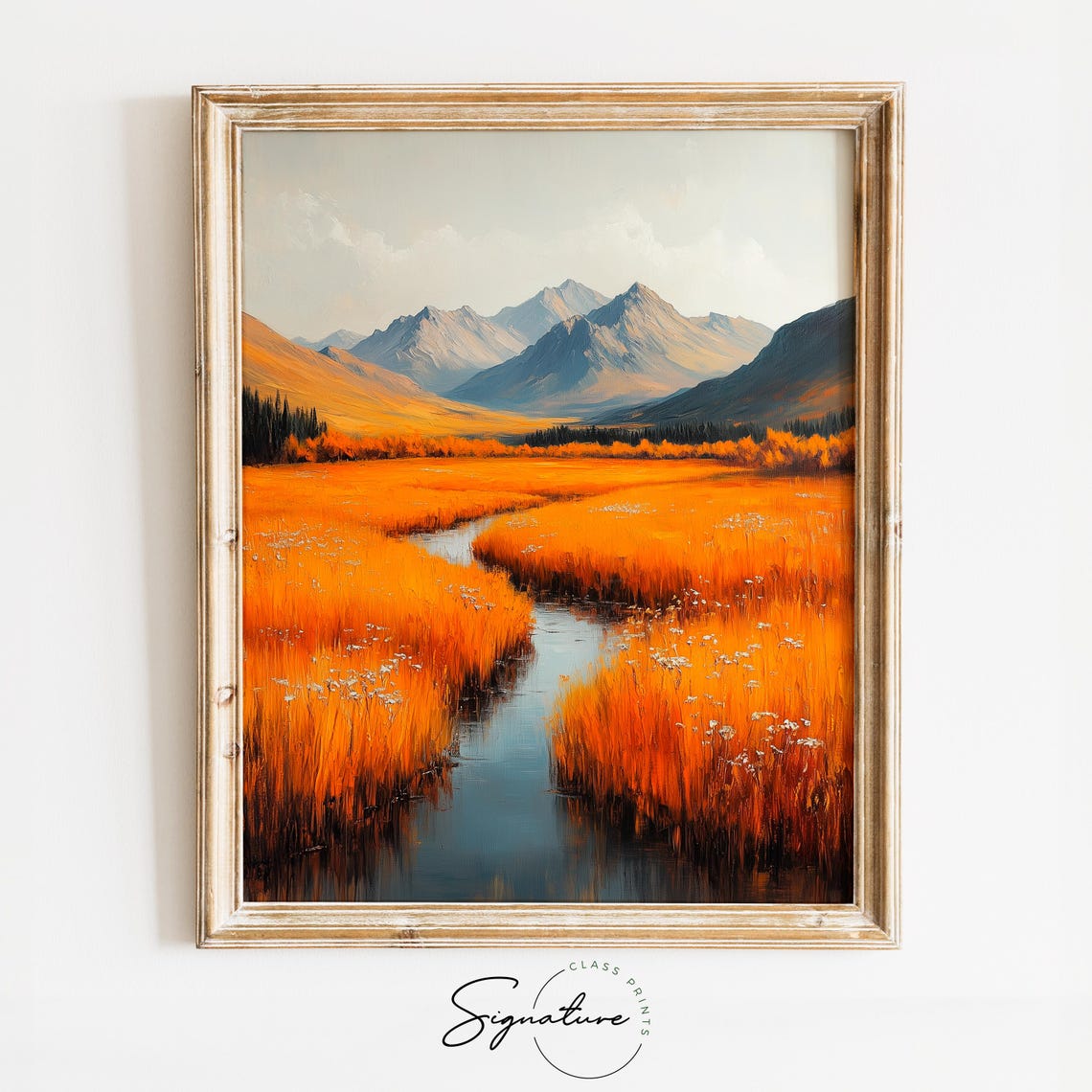 Winding Stream Through Orange Marsh Toward Gray Mountain Peaks Poster