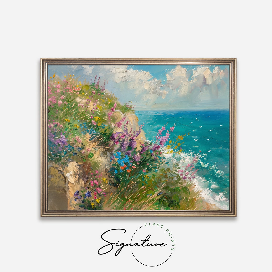 Wildflower Covered Coastal Cliff Over Bright Blue Sea Poster - Image 4