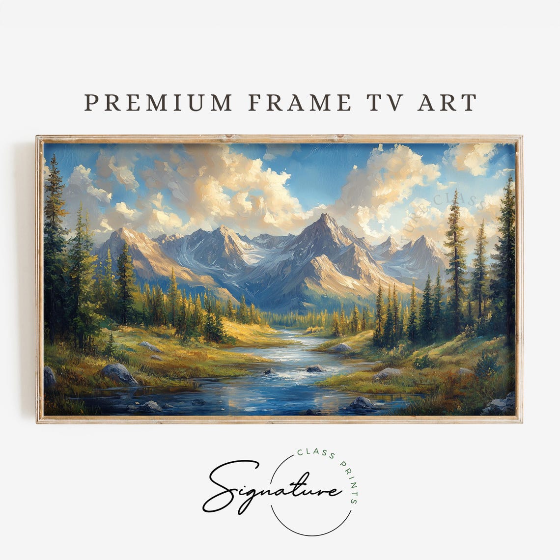 Alpine Mountain River Winding Through Pine Forest Frame TV Wall Art