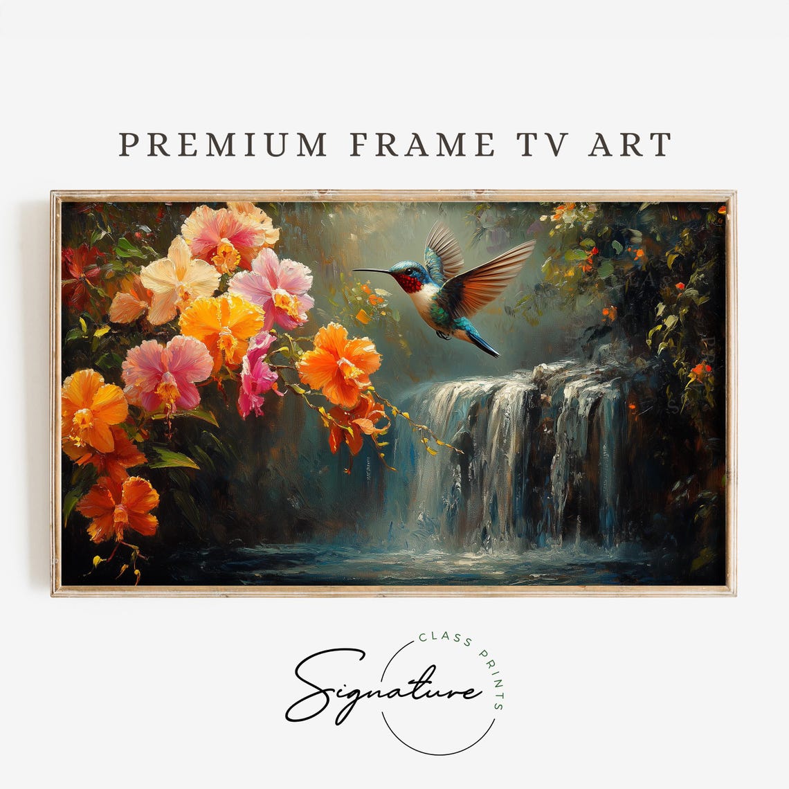 Hummingbird Near Vivid Orchid Blossoms By Misty Waterfall Poster