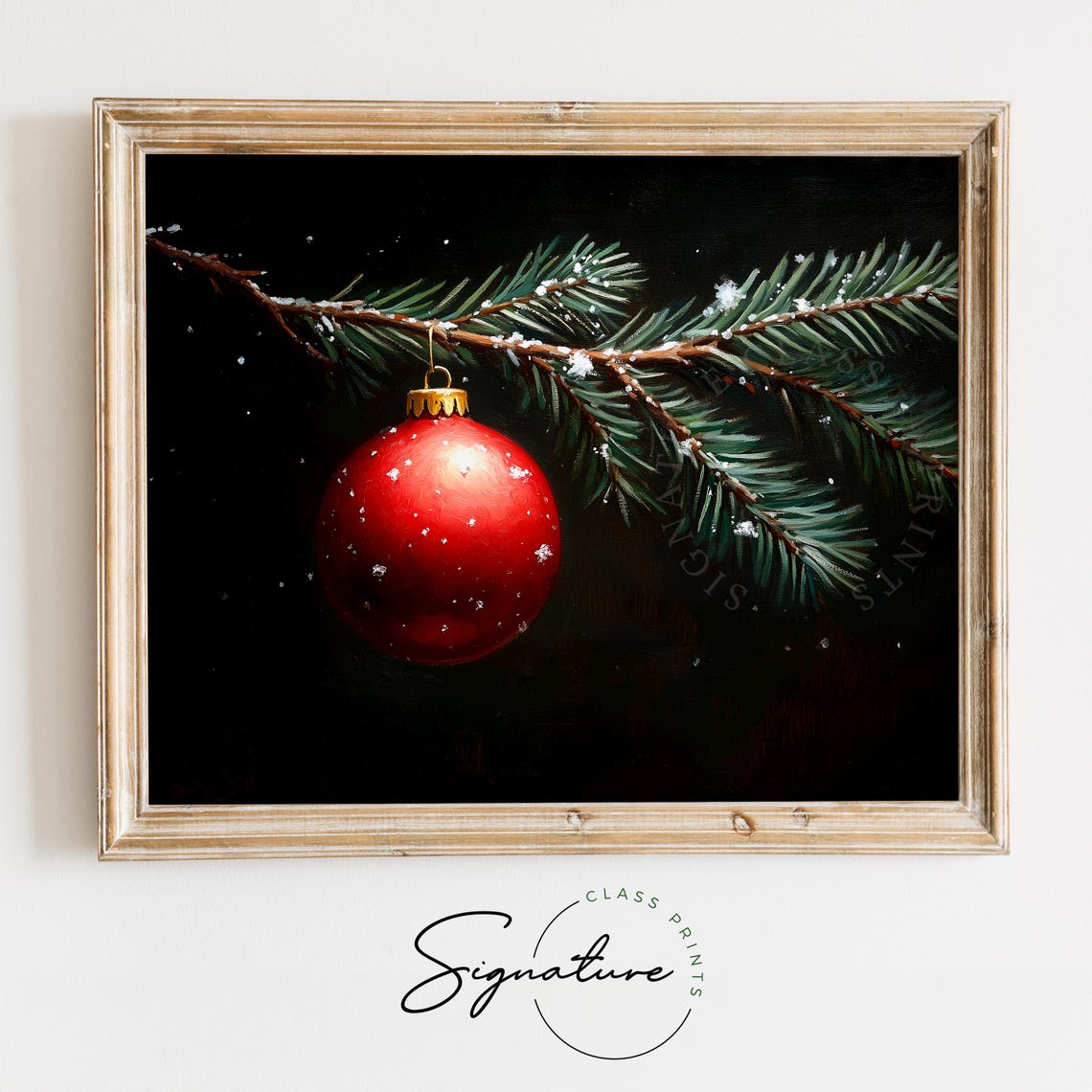 Red Christmas Bauble Hanging From A Snowy Pine Branch Art Poster