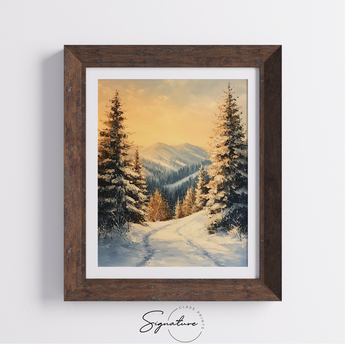 Snowy Woodland Path Through Evergreens in Warm Sunset Glow Poster - Image 3