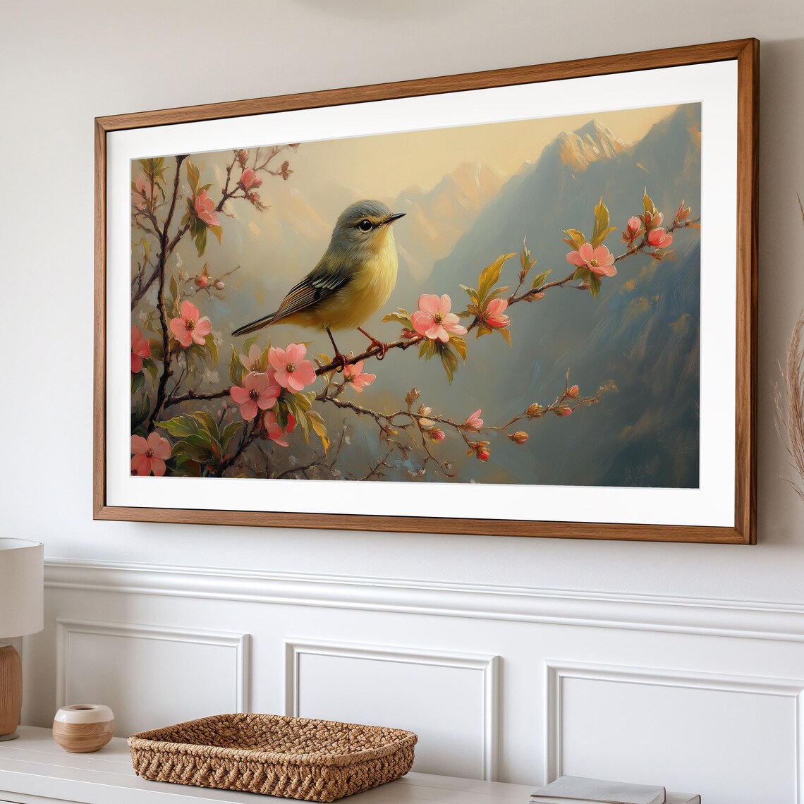 Kinglet Bird Blossom Branch Pink Flowers Mountain Backdrop Spring Poster - Image 2