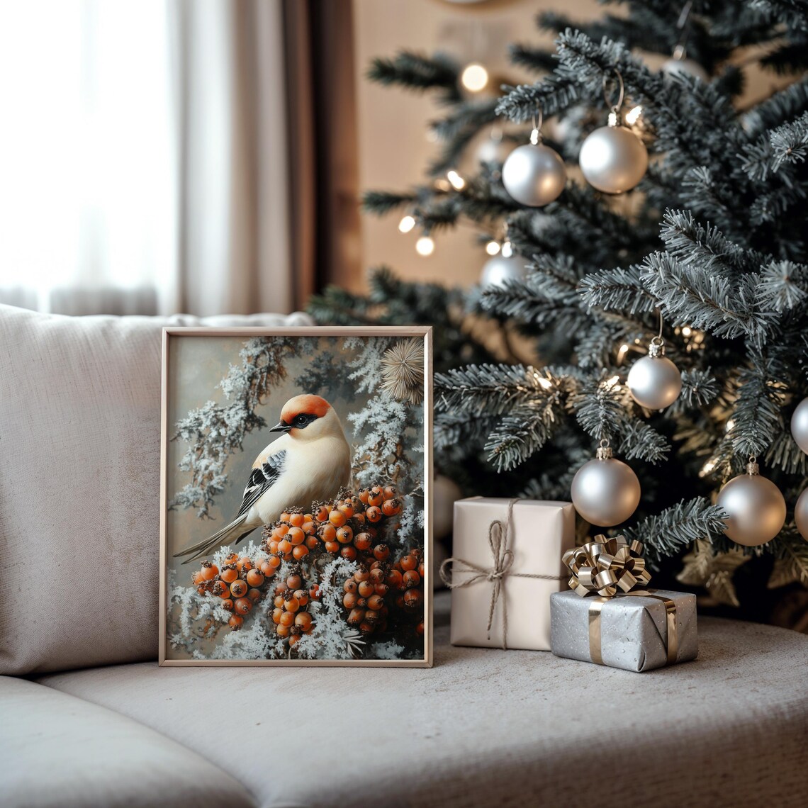 Songbird Perched Among Orange Winter Berries Frost Still Life Art Poster - Image 5