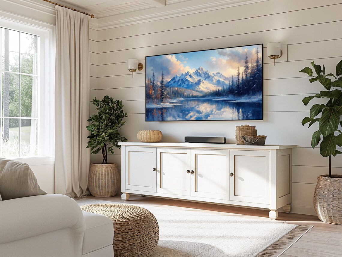 Snow Capped Peaks Over Still Mountain Lake Pine Forest Winter Art Poster - Image 3