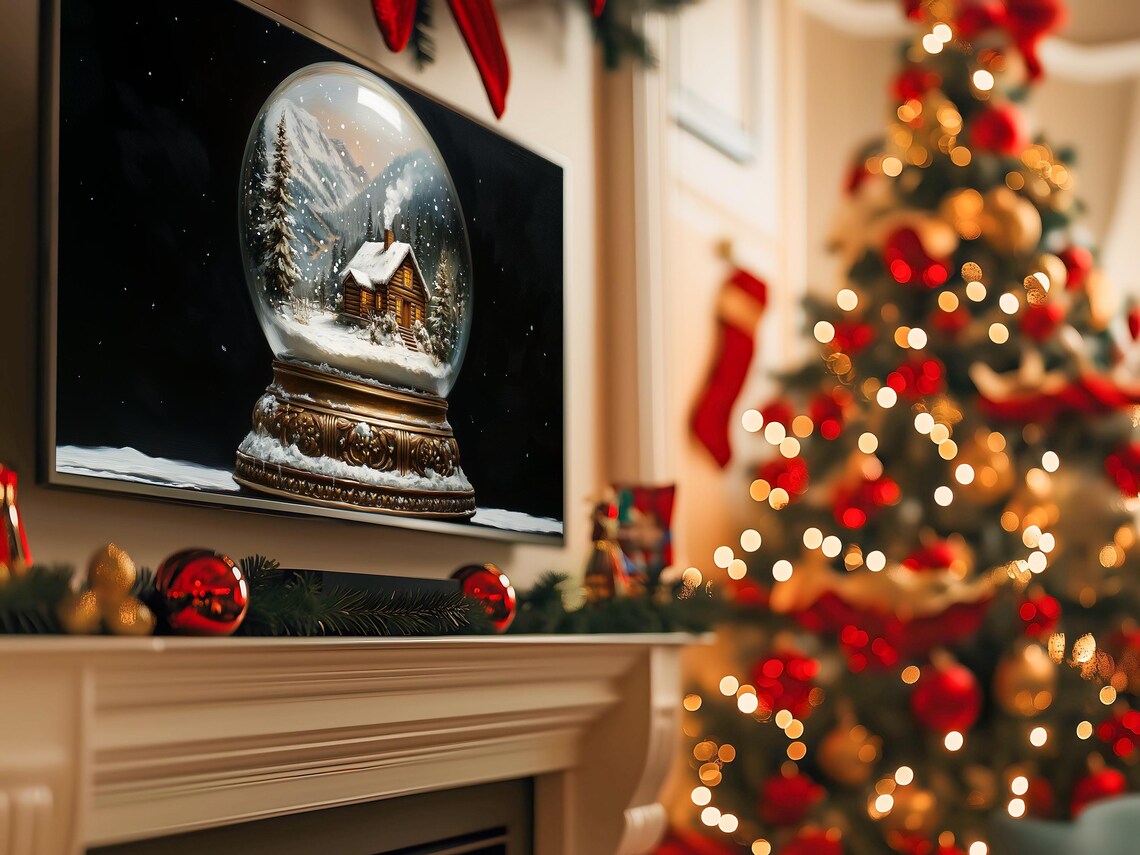Snow Globe With Log Cabin Snowy Mountains Gold Base Still Life Poster - Image 5