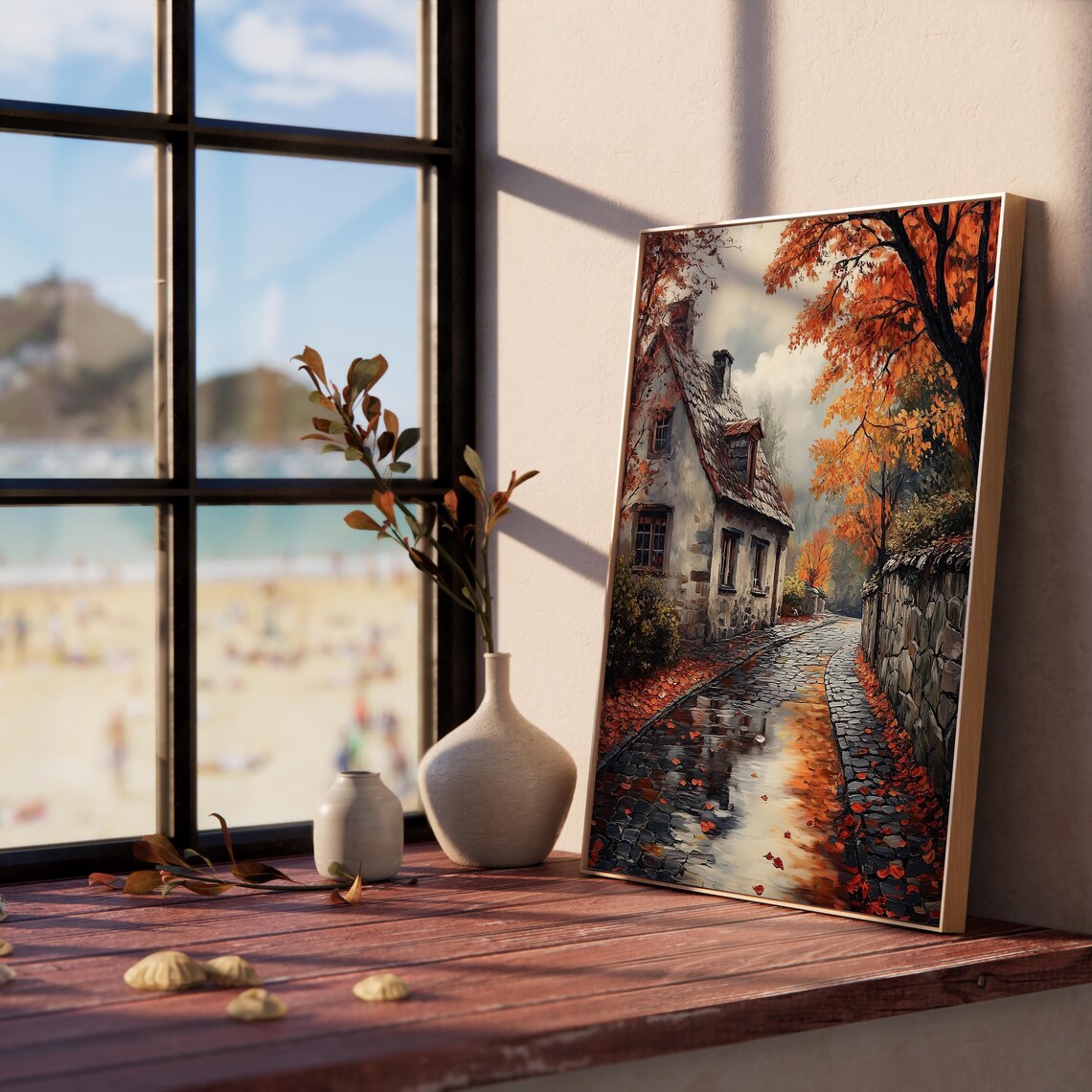 Autumn Cobblestone Street Rainy Day Village Art - Image 5