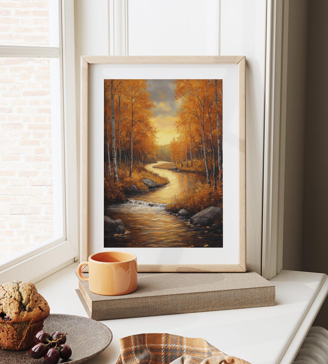 Autumn Birch Forest River Painting Golden Sunset Fall Landscape Poster - Image 6