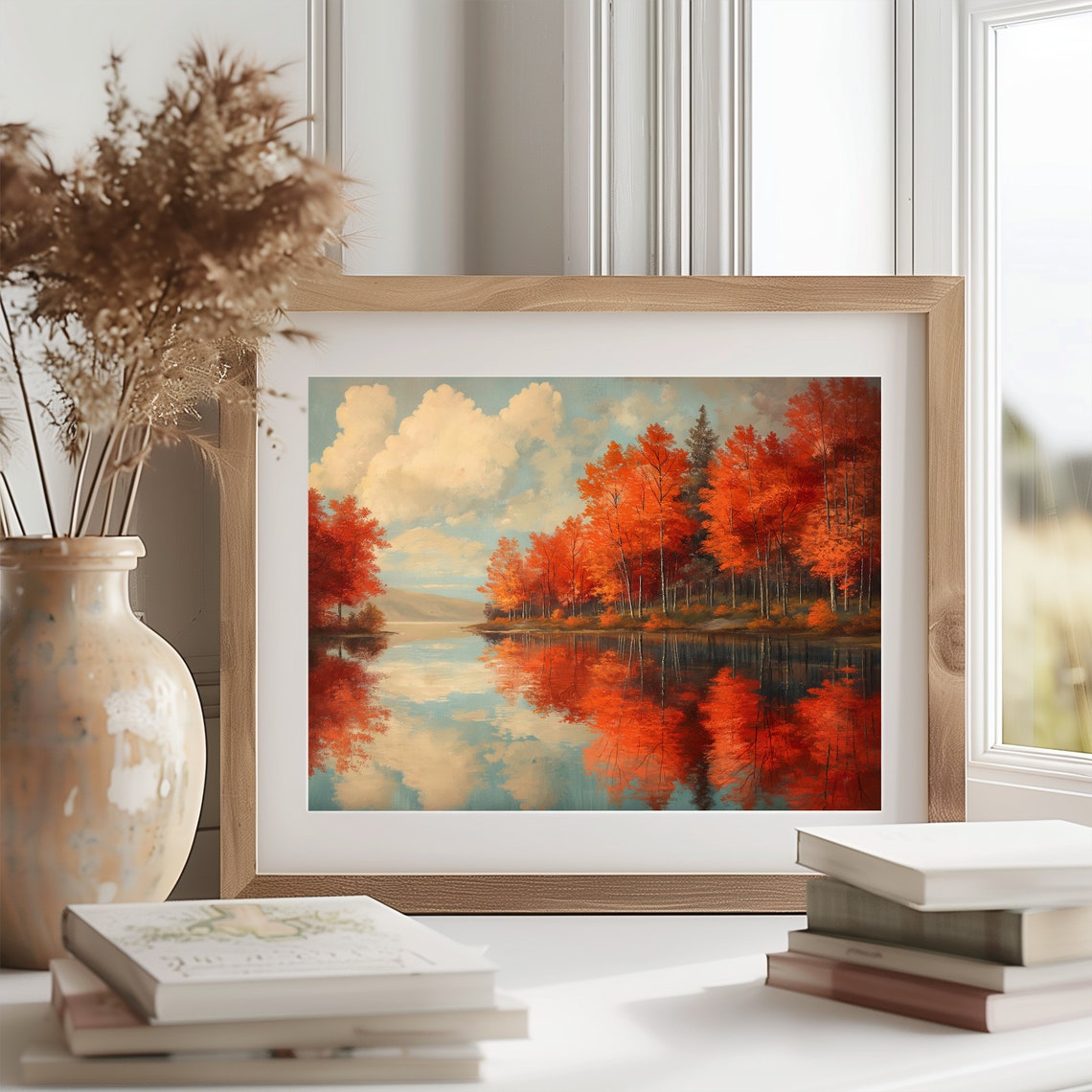Vivid Orange Maple Trees Mirrored In Still Lake Clouds Poster - Image 2
