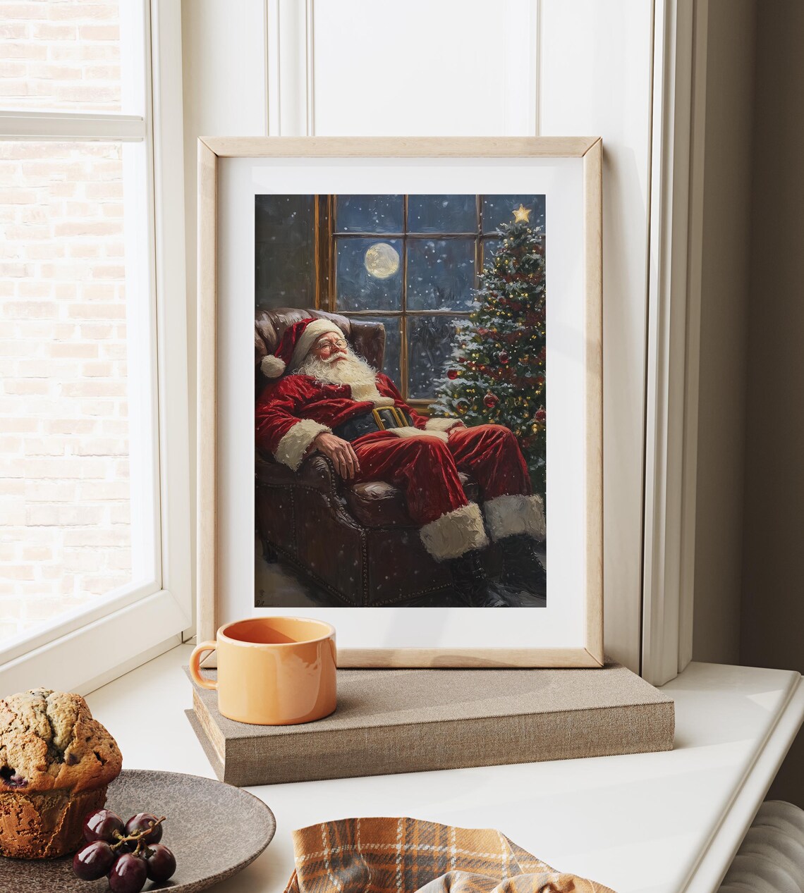 Vintage Oil Painting Of Santa Claus By Fireplace Rustic Christmas Art Cozy Holiday Scene Cottagecore Santa Decor Art 2116 - Image 2