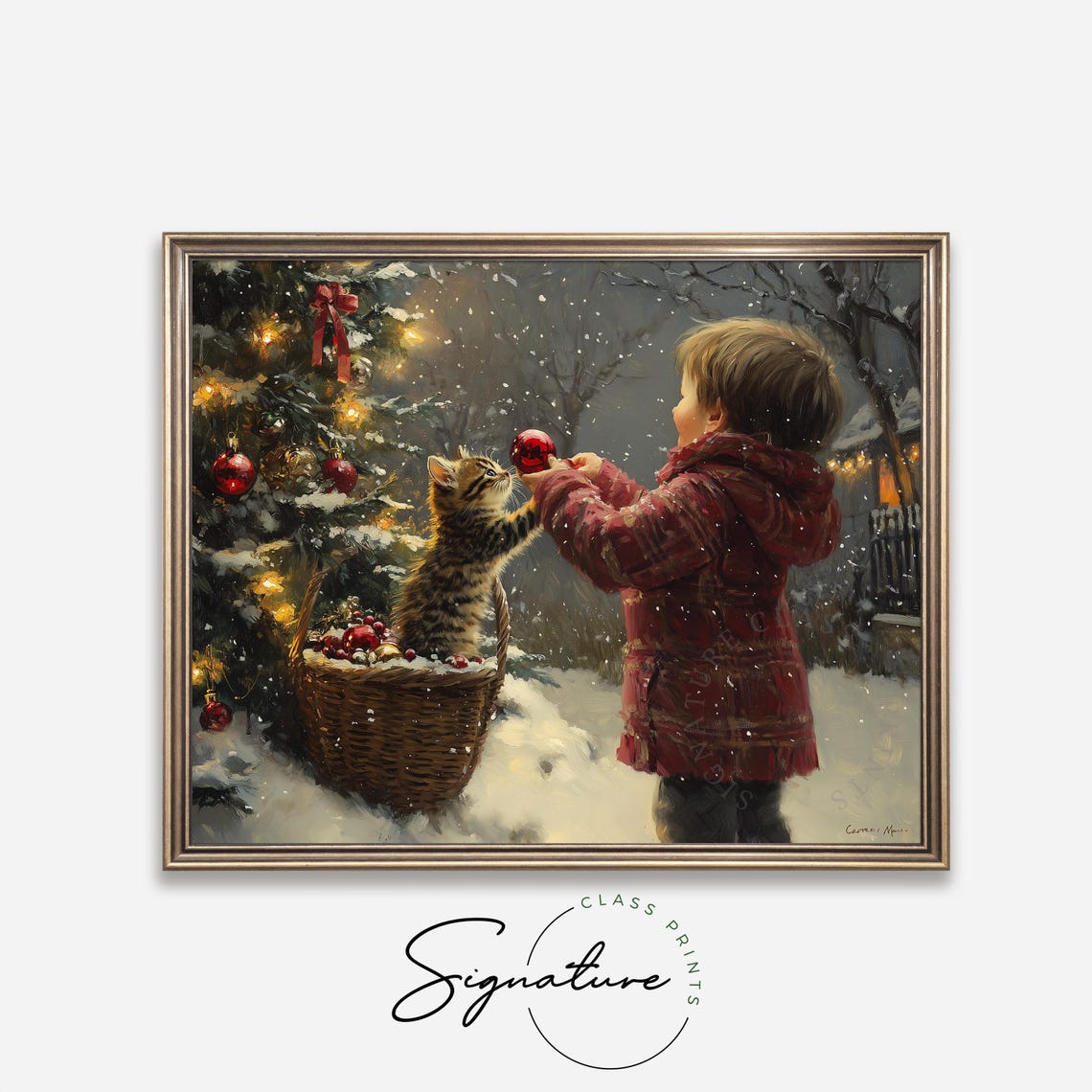 Child Sharing A Red Ornament With A Kitten By A Snowy Tree Poster - Image 4