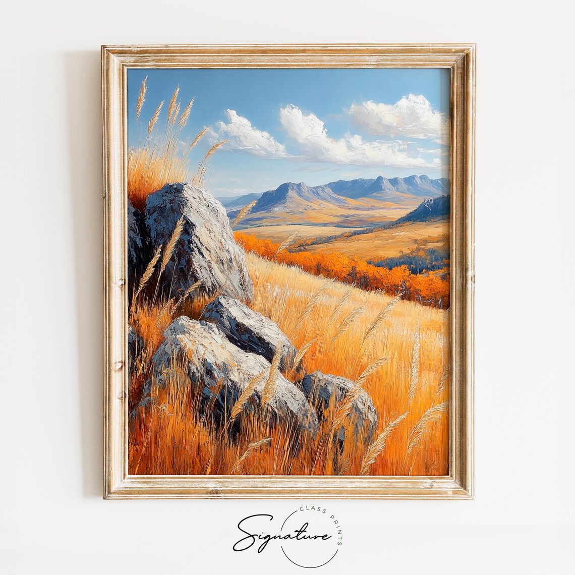 Rocky Autumn Hillside With Golden Grass Under Blue Mountain Sky Poster