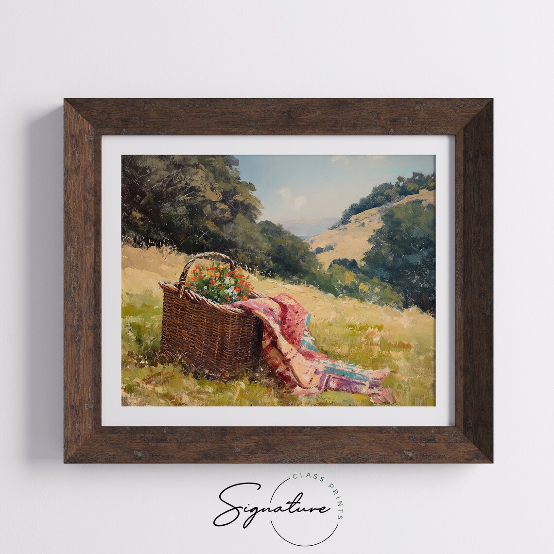 Rustic Picnic Basket Wildflowers Hillside Meadow Oil Painting Wall Art - Image 5