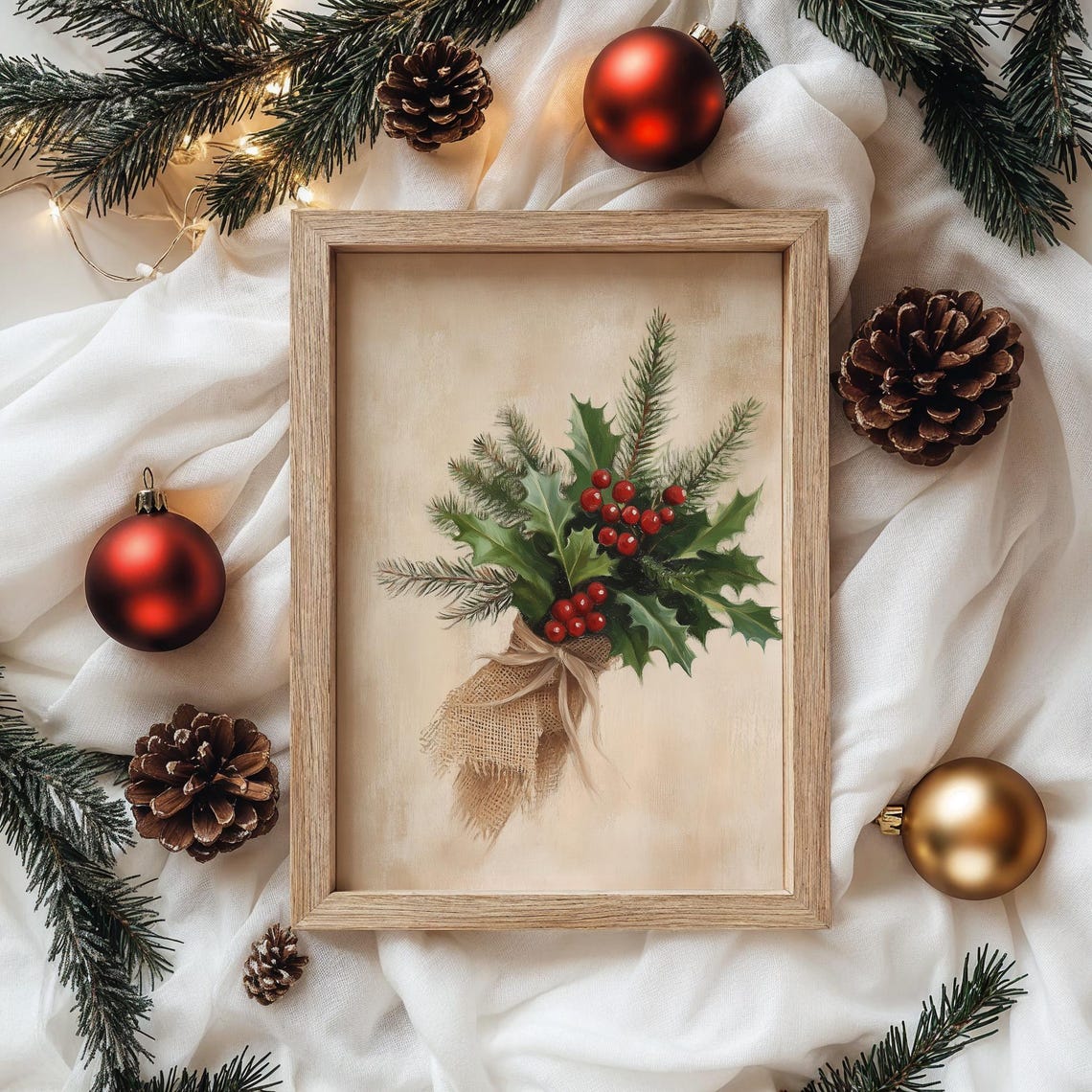 Holly and Pine Sprig Bouquet Wrapped in Burlap Christmas Poster - Image 4