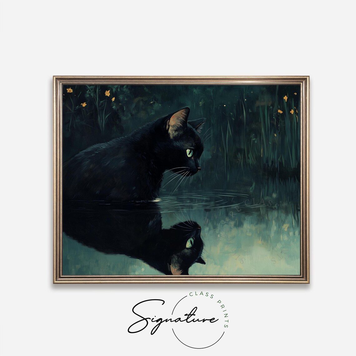 Black Cat Gazing at Its Reflection in Dark Mysterious Waters at Night Poster - Image 4