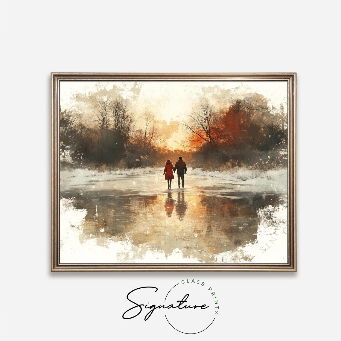 Couple Walking Hand In Hand Across Frozen Lake Sunset Poster - Image 4
