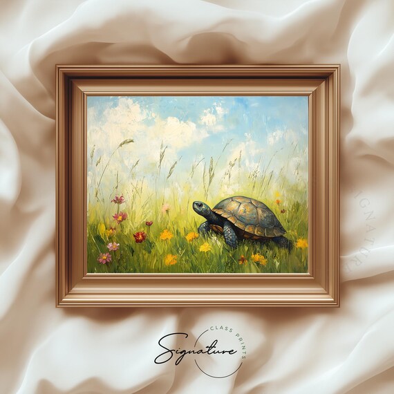 Turtle Crossing Wildflower Meadow Sunny Day Wildlife Painting Poster