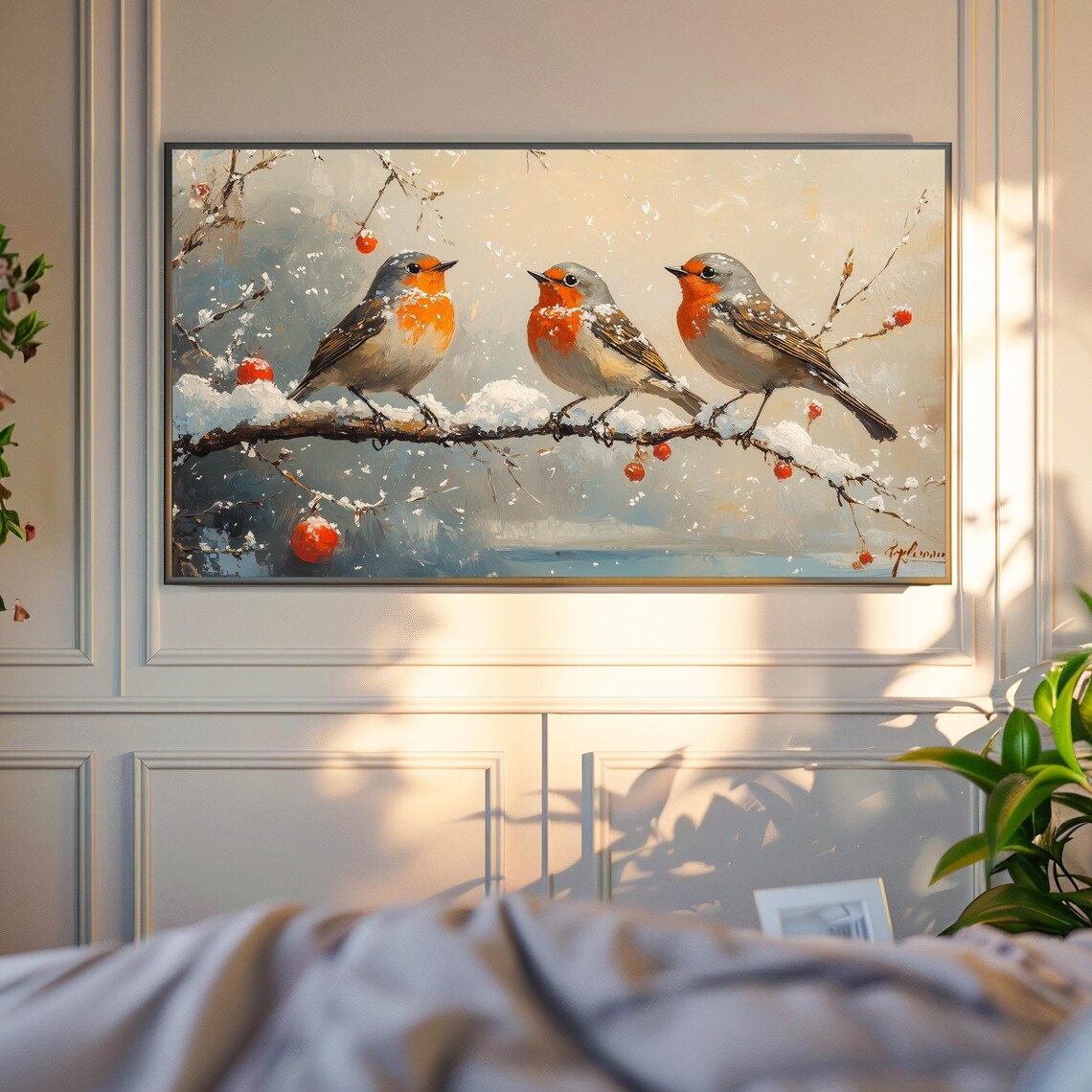 Robin Trio Snowy Branch Red Berries Winter Birds Gentle Snowfall Poster - Image 4