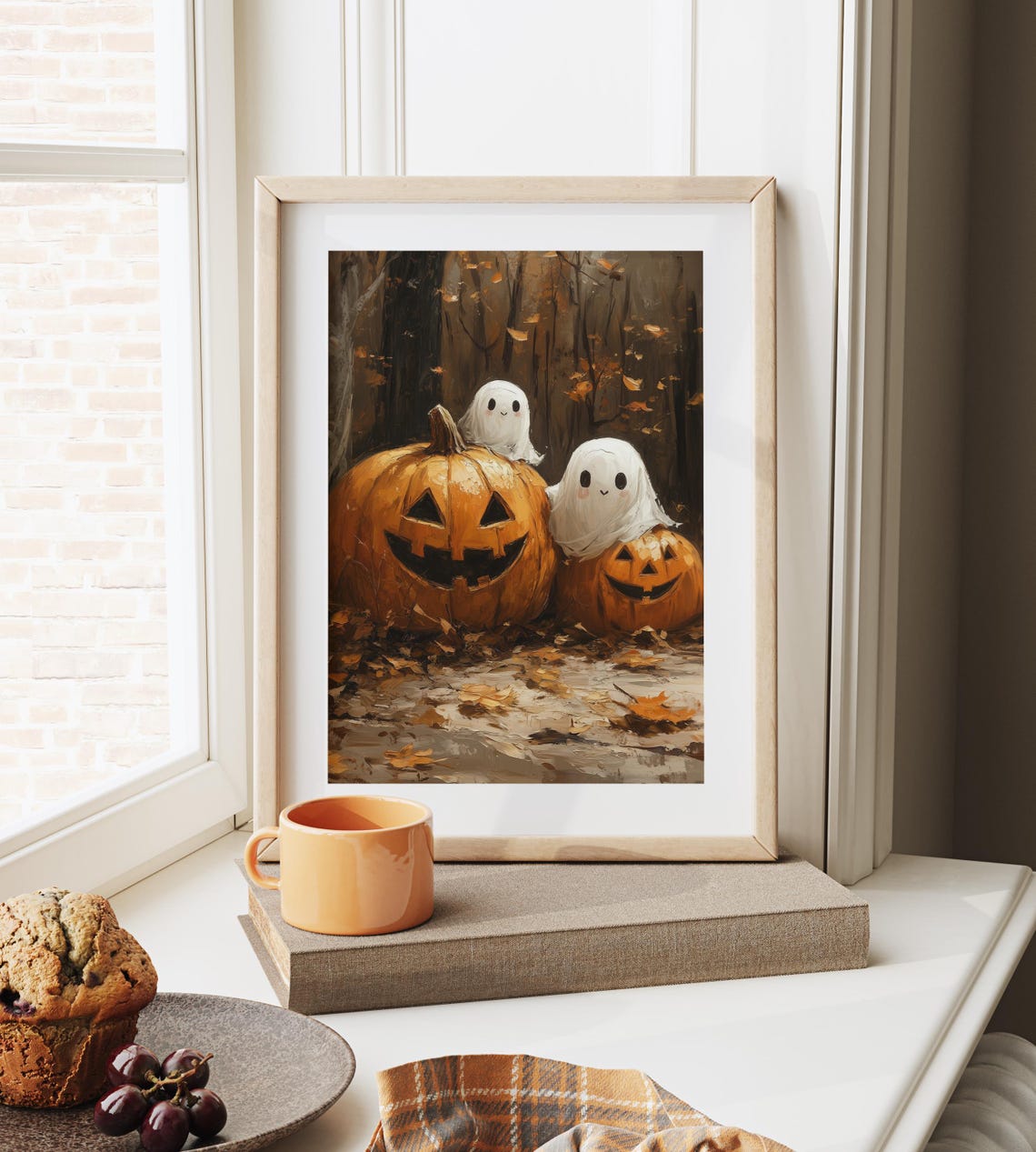 Whimsical Ghosts With Pumpkins Cute Halloween Fall Scene Spooky Cottagecore Autumn Art Vintage Halloween Wall Decor Art 1552 - Image 6