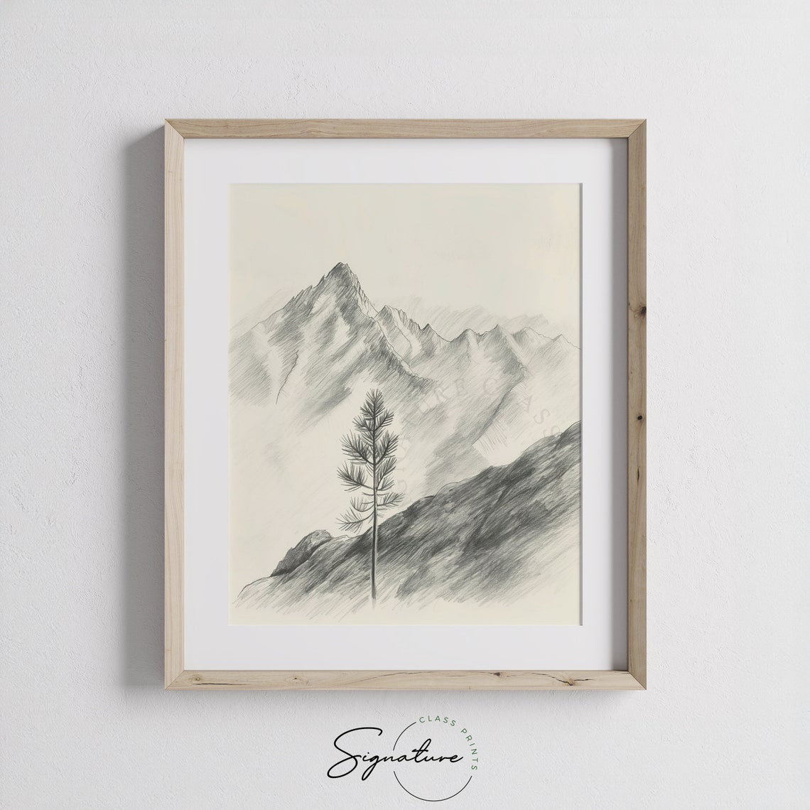 Lone Pine Tree Before High Mountain Peaks Serene Sketch Art Poster - Image 3