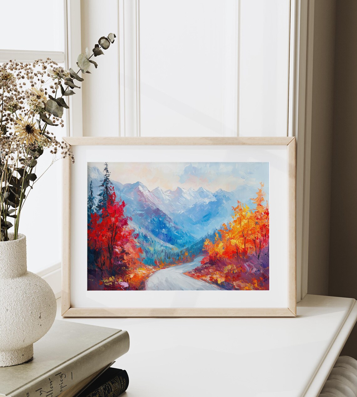 Mountain Road Autumn Painting Vibrant Fall Foliage Blue Peaks Landscape Poster - Image 6