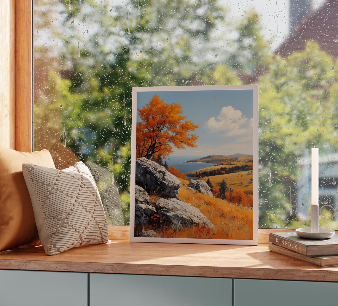 Orange Autumn Tree on Rocky Cliffs Overlooking Blue Lake and Hills Wall Art - Image 2