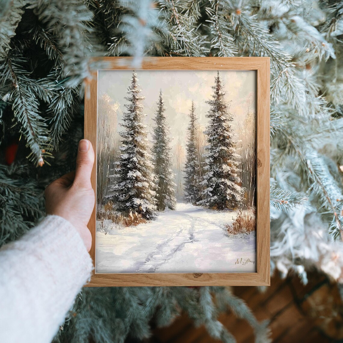 Snowy Spruce Forest Trail Vintage Winter Landscape Oil Poster - Image 6
