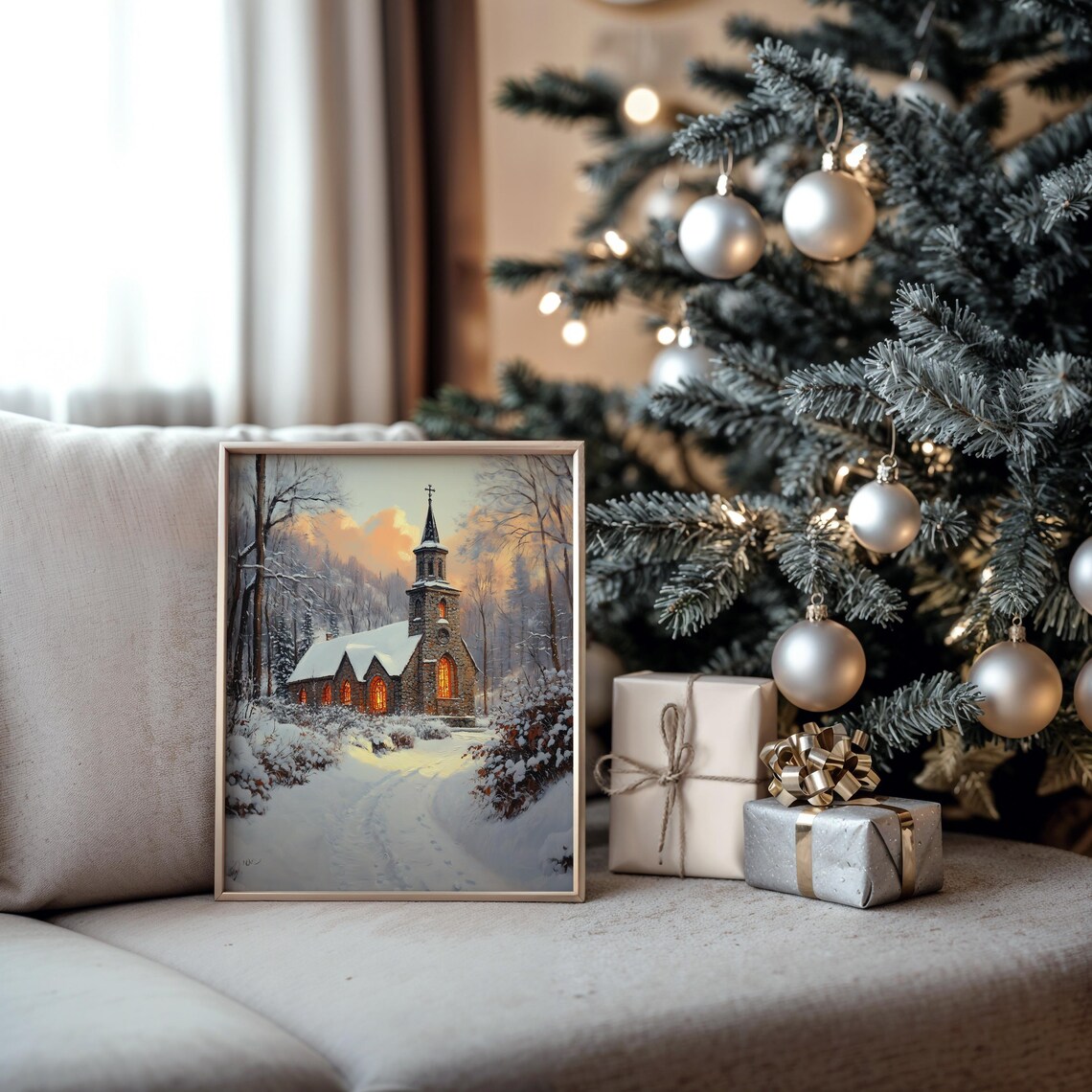 Historic Stone Church In Snow, Rustic Holiday Print - Image 5
