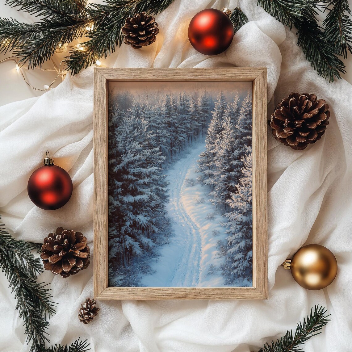 Snowy Forest Path Between Frosted Firs at Pink Winter Dawn Poster - Image 4